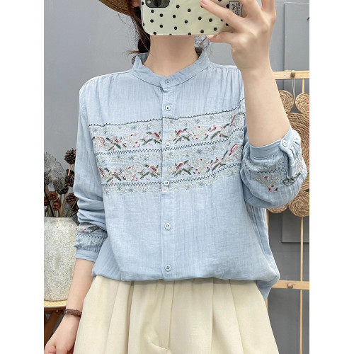 雙層棉紗立領長袖襯衫女森系文藝綉花漂亮別致花朵刺綉打底衫上衣 雙層棉紗立領長袖襯衫女森系文藝綉花漂亮別致花朵刺綉打底衫上衣