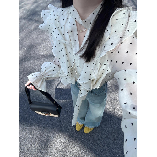 法式荷葉邊波點雪紡襯衫女春秋2026新款高級感獨特別致長袖上衣