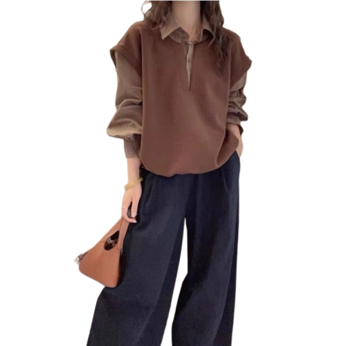 美拉德咖色格子假兩件襯衫女2026春大碼胖mm遮肚顯瘦打底襯衣上衣