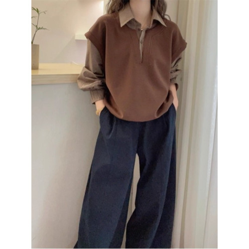 美拉德咖色格子假兩件襯衫女2026春大碼胖mm遮肚顯瘦打底襯衣上衣