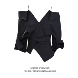 大碼胖妹妹辣妹不規則收腰一字肩襯衫早秋新款小衆別致設計感上衣