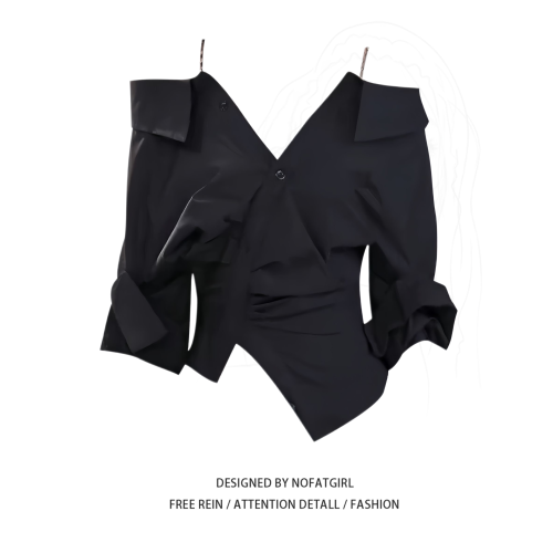 大碼胖妹妹辣妹不規則收腰一字肩襯衫早秋新款小衆別致設計感上衣