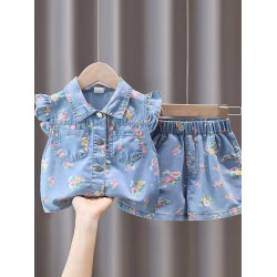 女小童夏季洋氣時髦牛仔套裝2025新款女寶寶短褲夏裝薄款兩件套潮