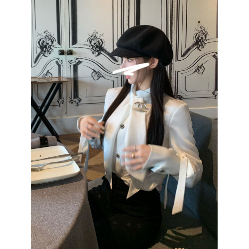 FFmiss◆宮廷風緞面白色系帶襯衫襯衣女秋名媛收腰單排釦洋氣上衣