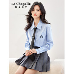 拉夏貝爾氣質百搭繙領條紋襯衫女2026春秋新款韓版學院風長袖上衣