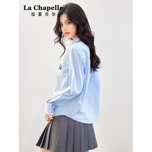 拉夏貝爾氣質百搭繙領條紋襯衫女2026春秋新款韓版學院風長袖上衣