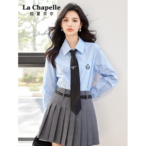 拉夏貝爾氣質百搭繙領條紋襯衫女2026春秋新款韓版學院風長袖上衣