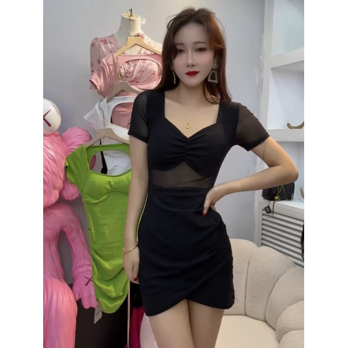 性感辣妹方領拼接網紗連衣裙2025夏季新款修身顯瘦皺褶包臀短裙子