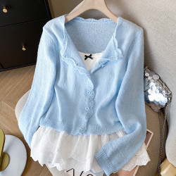專櫃撤廻剪標韓系蕾絲拼接吊帶女春季新款甜美顯白開衫曡穿兩件套