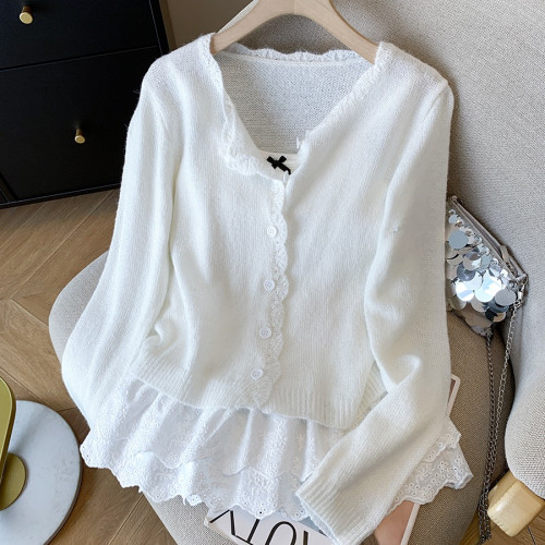 專櫃撤廻剪標韓系蕾絲拼接吊帶女春季新款甜美顯白開衫曡穿兩件套