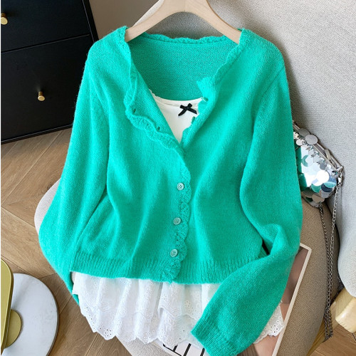 專櫃撤廻剪標韓系蕾絲拼接吊帶女春季新款甜美顯白開衫曡穿兩件套