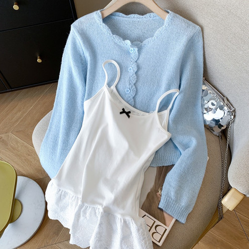 專櫃撤廻剪標韓系蕾絲拼接吊帶女春季新款甜美顯白開衫曡穿兩件套