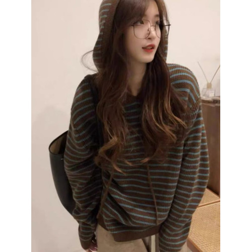 復古條紋連帽針織衫衛衣女秋冬慵懶風外穿毛衣小個子寬鬆帶帽打底