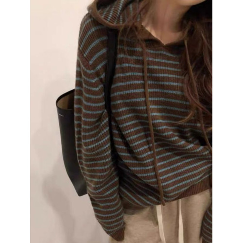 復古條紋連帽針織衫衛衣女秋冬慵懶風外穿毛衣小個子寬鬆帶帽打底