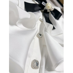 FFmiss◆宮廷風荷葉邊鑲鑽蝴蝶結緞面襯衫女重工氣質珍珠花朵襯衣