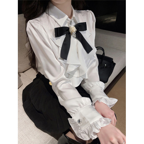 FFmiss◆宮廷風荷葉邊鑲鑽蝴蝶結緞面襯衫女重工氣質珍珠花朵襯衣