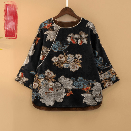 夏季2025新款上衣小衫新中式女國風重工薄款圓領提花寬鬆人絲襯衫