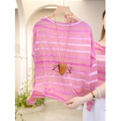 舒適2025夏季針織上衣t恤長袖寬鬆流行撞色條紋時尚防曬罩衫慵懶