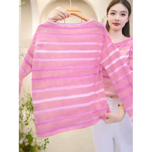 舒適2025夏季針織上衣t恤長袖寬鬆流行撞色條紋時尚防曬罩衫慵懶