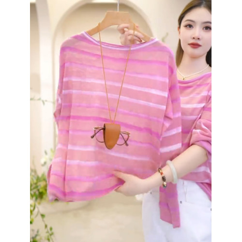 舒適2025夏季針織上衣t恤長袖寬鬆流行撞色條紋時尚防曬罩衫慵懶