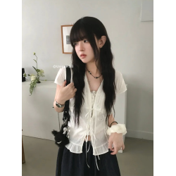 Unique SEI 韓系夏季溫柔甜美蕾絲荷葉邊系帶顯瘦短袖襯衫上衣女