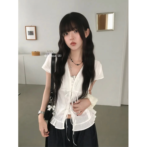 Unique SEI 韓系夏季溫柔甜美蕾絲荷葉邊系帶顯瘦短袖襯衫上衣女