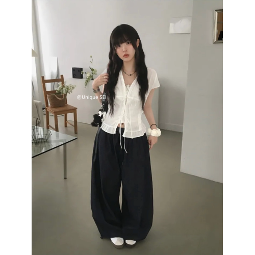 Unique SEI 韓系夏季溫柔甜美蕾絲荷葉邊系帶顯瘦短袖襯衫上衣女