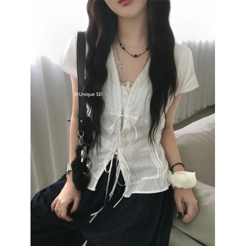 Unique SEI 韓系夏季溫柔甜美蕾絲荷葉邊系帶顯瘦短袖襯衫上衣女