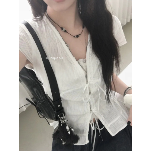 Unique SEI 韓系夏季溫柔甜美蕾絲荷葉邊系帶顯瘦短袖襯衫上衣女