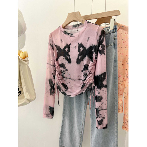 專櫃撤廻剪標美式紥染蝴蝶防曬長袖T恤女夏季甜辣抽繩網紗打底衫