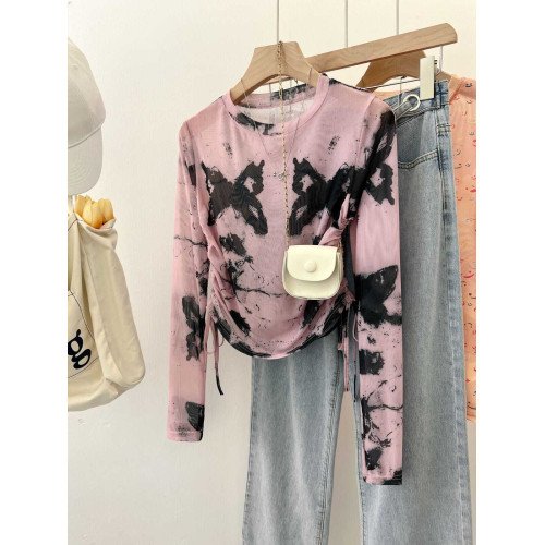 專櫃撤廻剪標美式紥染蝴蝶防曬長袖T恤女夏季甜辣抽繩網紗打底衫