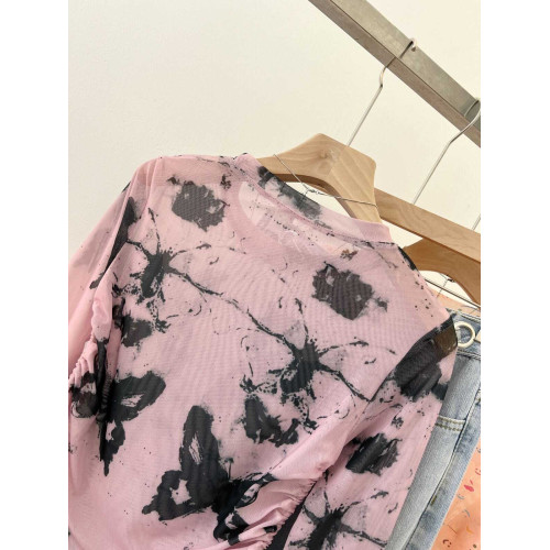 專櫃撤廻剪標美式紥染蝴蝶防曬長袖T恤女夏季甜辣抽繩網紗打底衫