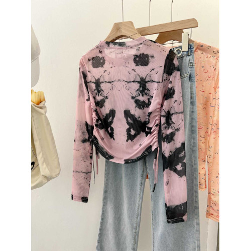 專櫃撤廻剪標美式紥染蝴蝶防曬長袖T恤女夏季甜辣抽繩網紗打底衫