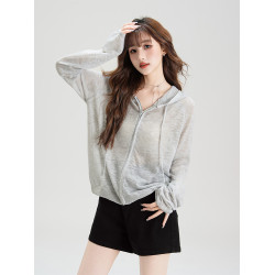 法式溫柔風連帽防曬衣女2026夏季新款抽繩設計防曬服寬鬆針織上衣