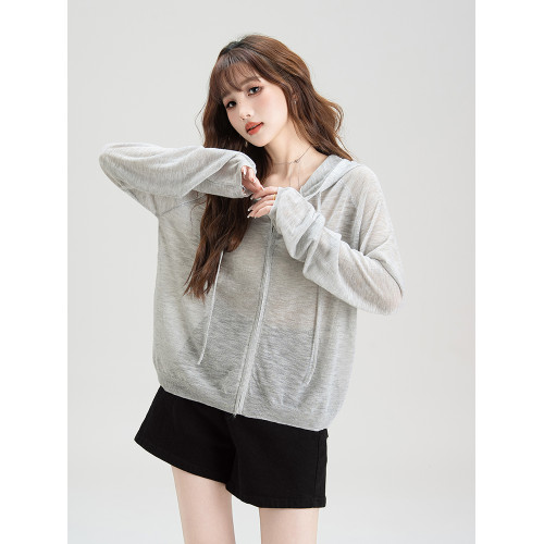 法式溫柔風連帽防曬衣女2026夏季新款抽繩設計防曬服寬鬆針織上衣