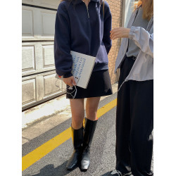 美式復古正肩灰色polo領衛衣女春秋復古慵懶oversize寬鬆拉鍊上衣