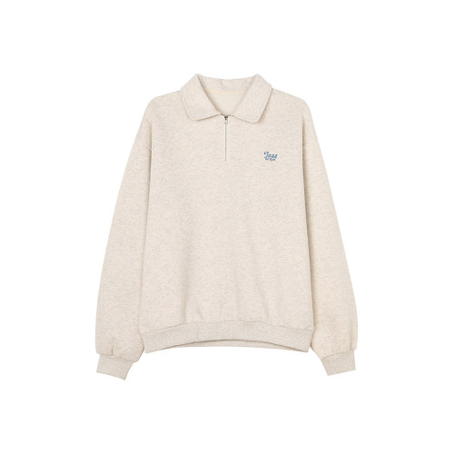 美式復古正肩灰色polo領衛衣女春秋復古慵懶oversize寬鬆拉鍊上衣