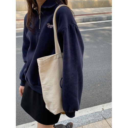 美式復古正肩灰色polo領衛衣女春秋復古慵懶oversize寬鬆拉鍊上衣