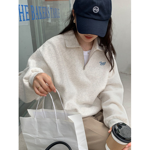 美式復古正肩灰色polo領衛衣女春秋復古慵懶oversize寬鬆拉鍊上衣