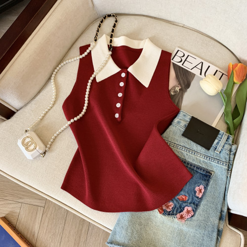 專櫃撤廻剪標韓系POLO領無袖針織背心女夏季新款別致修身內搭上衣