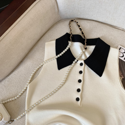 專櫃撤廻剪標韓系POLO領無袖針織背心女夏季新款別致修身內搭上衣