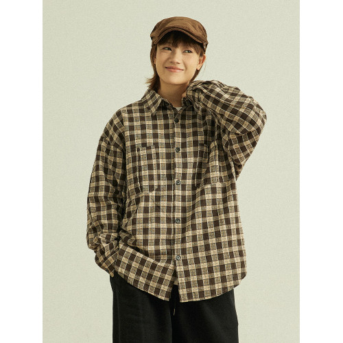 GoodNorth日系復古格子長袖襯衫男女中性風寬鬆百搭全棉格紋襯衣