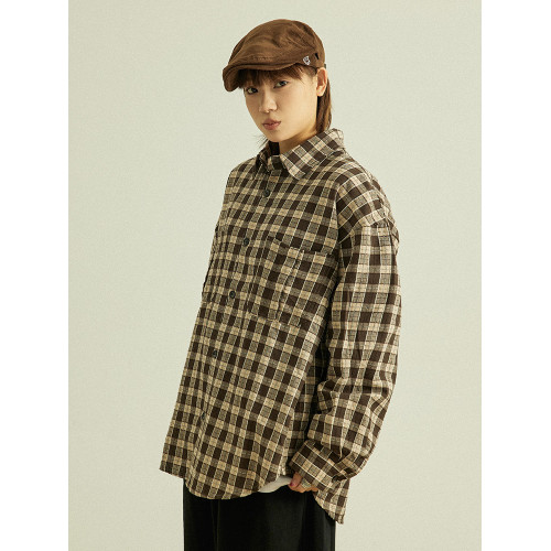 GoodNorth日系復古格子長袖襯衫男女中性風寬鬆百搭全棉格紋襯衣