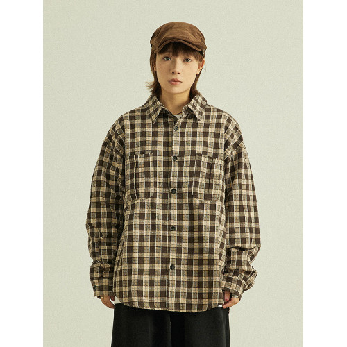 GoodNorth日系復古格子長袖襯衫男女中性風寬鬆百搭全棉格紋襯衣