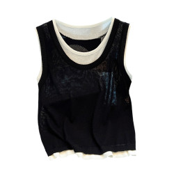 專櫃撤廻剪標設計感拼接針織背心女夏季新款韓版簡約獨特別致上衣