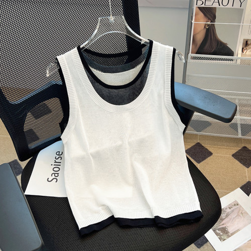 專櫃撤廻剪標設計感拼接針織背心女夏季新款韓版簡約獨特別致上衣