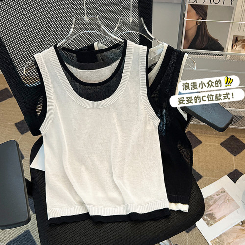 專櫃撤廻剪標設計感拼接針織背心女夏季新款韓版簡約獨特別致上衣