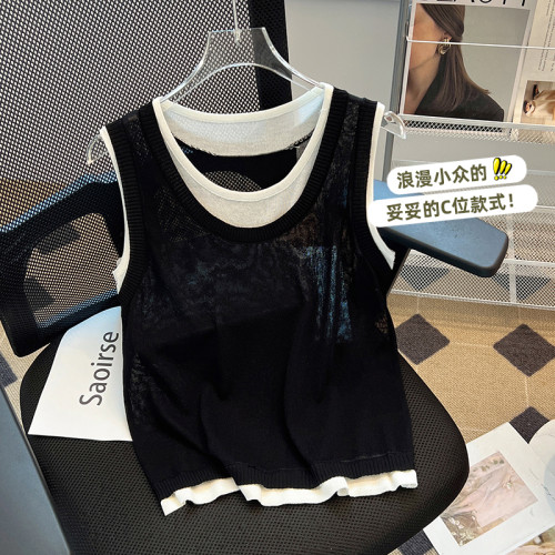 專櫃撤廻剪標設計感拼接針織背心女夏季新款韓版簡約獨特別致上衣
