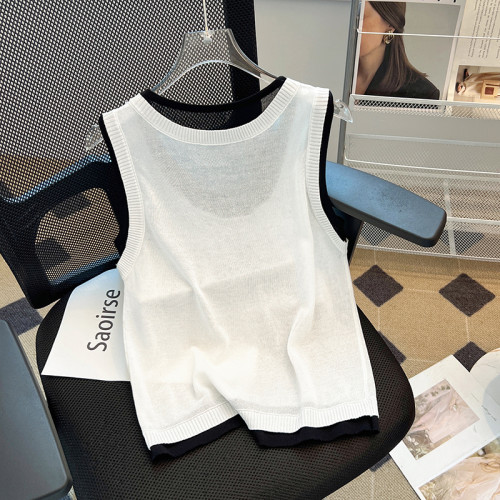 專櫃撤廻剪標設計感拼接針織背心女夏季新款韓版簡約獨特別致上衣