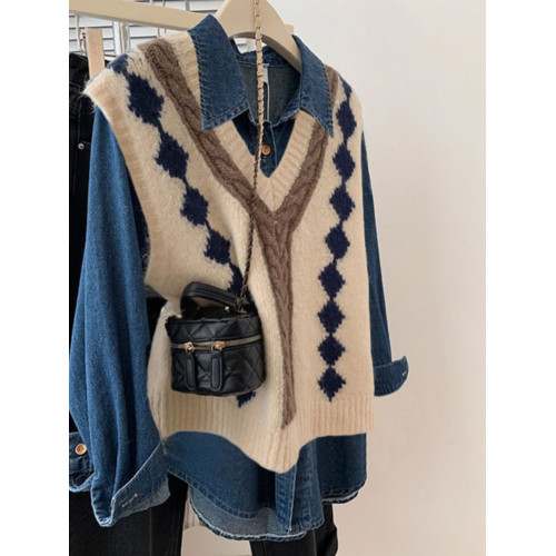 內搭曡穿牛仔襯衫針織馬甲套裝女2025秋冬新款復古港風上衣兩件套